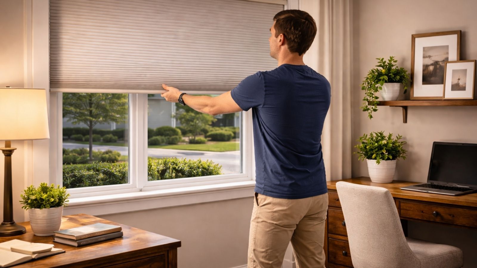 homeowner in a different room lowering a cordless window shade in daylight to reduce visibility into the home