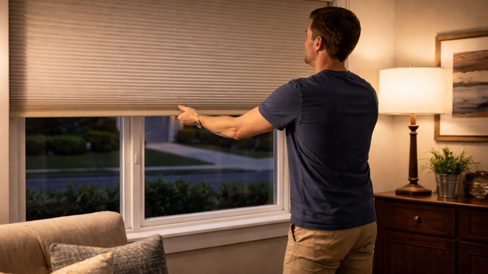 homeowner lowering modern window shades in evening to reduce visibility into the home