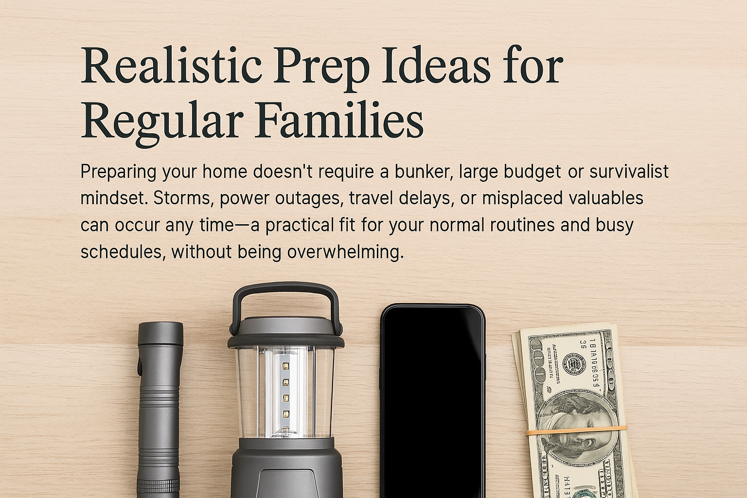 Simple emergency essentials laid out on a wooden surface, including a flashlight, lantern, smartphone, and cash, showing practical preparedness for everyday families.