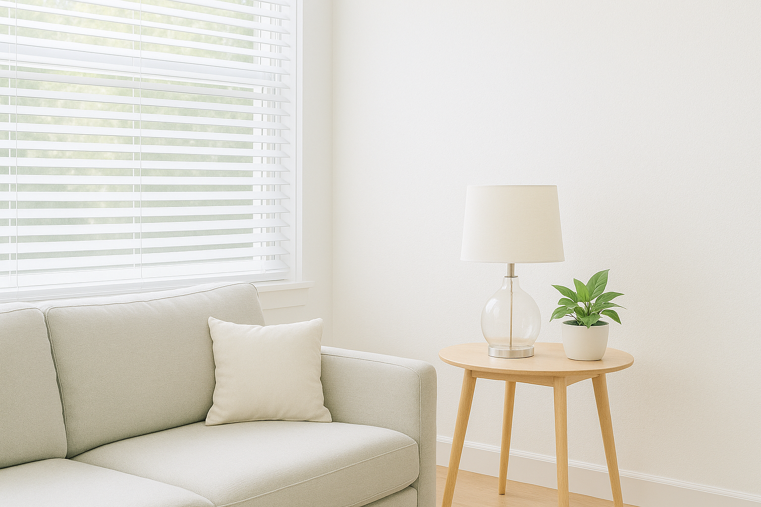 A bright, modern living room with soft natural light coming through partially angled blinds, offering a calm and private at-home feel.
