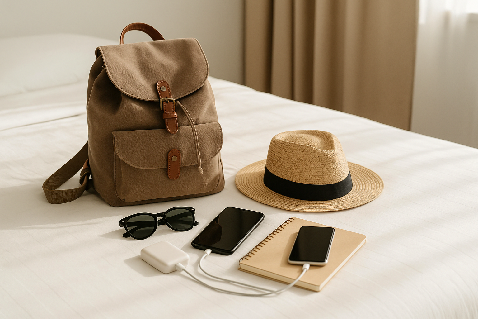 A warm, modern travel setup displayed on a hotel bed, featuring a tan backpack, straw hat, sunglasses, and two phones charging beside a small notebook.