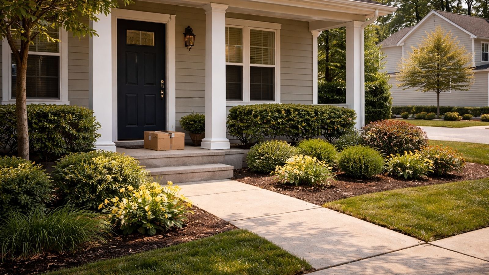 front porch in daytime with a visible package and an open walkway showing how deliveries can signal opportunity if left unattended