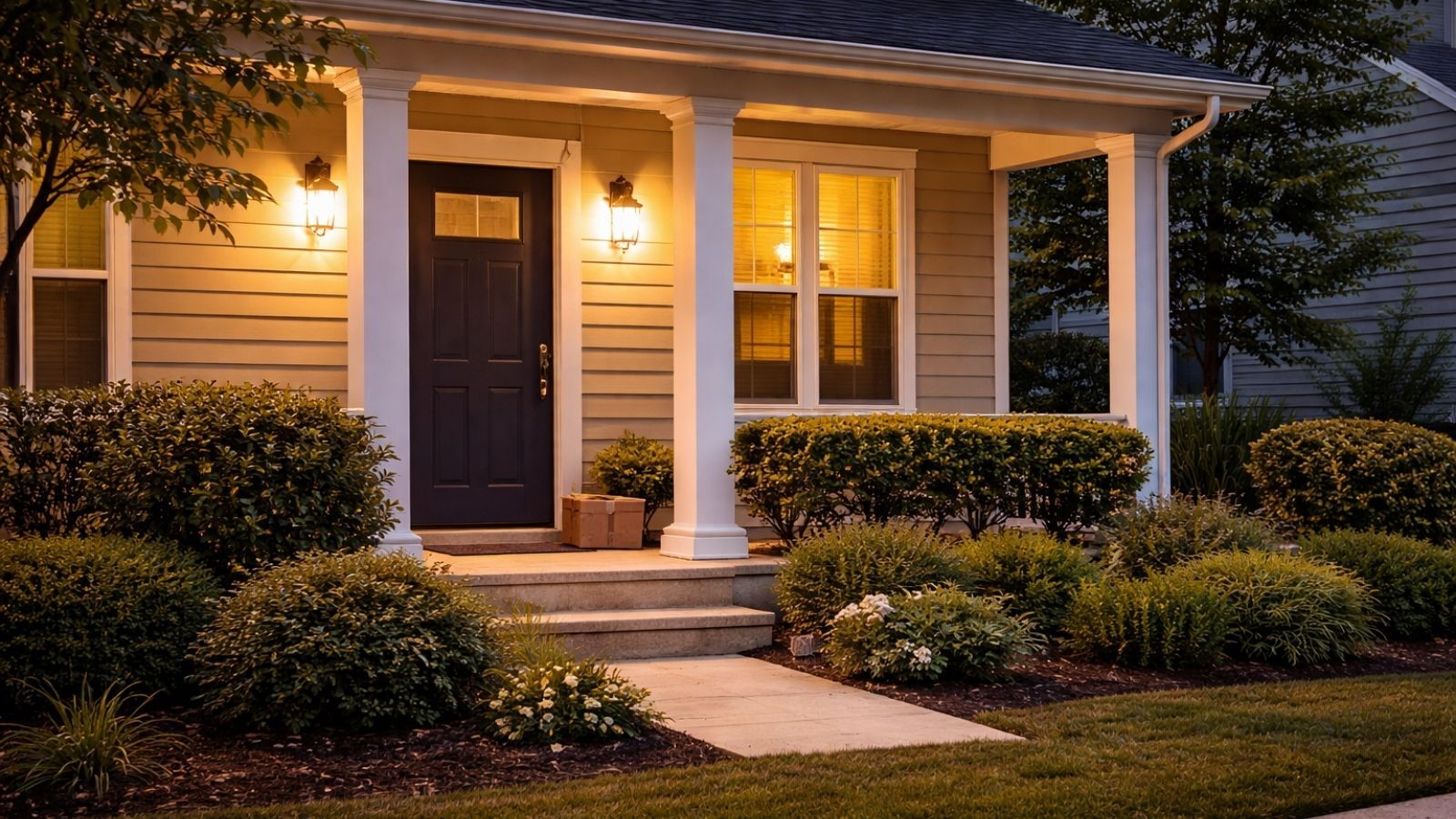 front porch of suburban home with warm lighting and clear visibility from the street