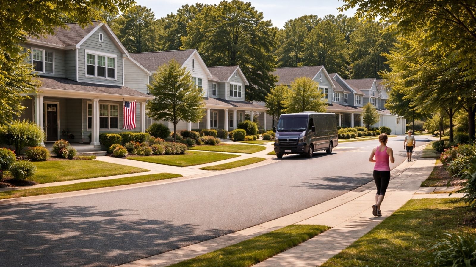 quiet residential street in daytime with a delivery van and normal neighborhood activity that can make movement look routine